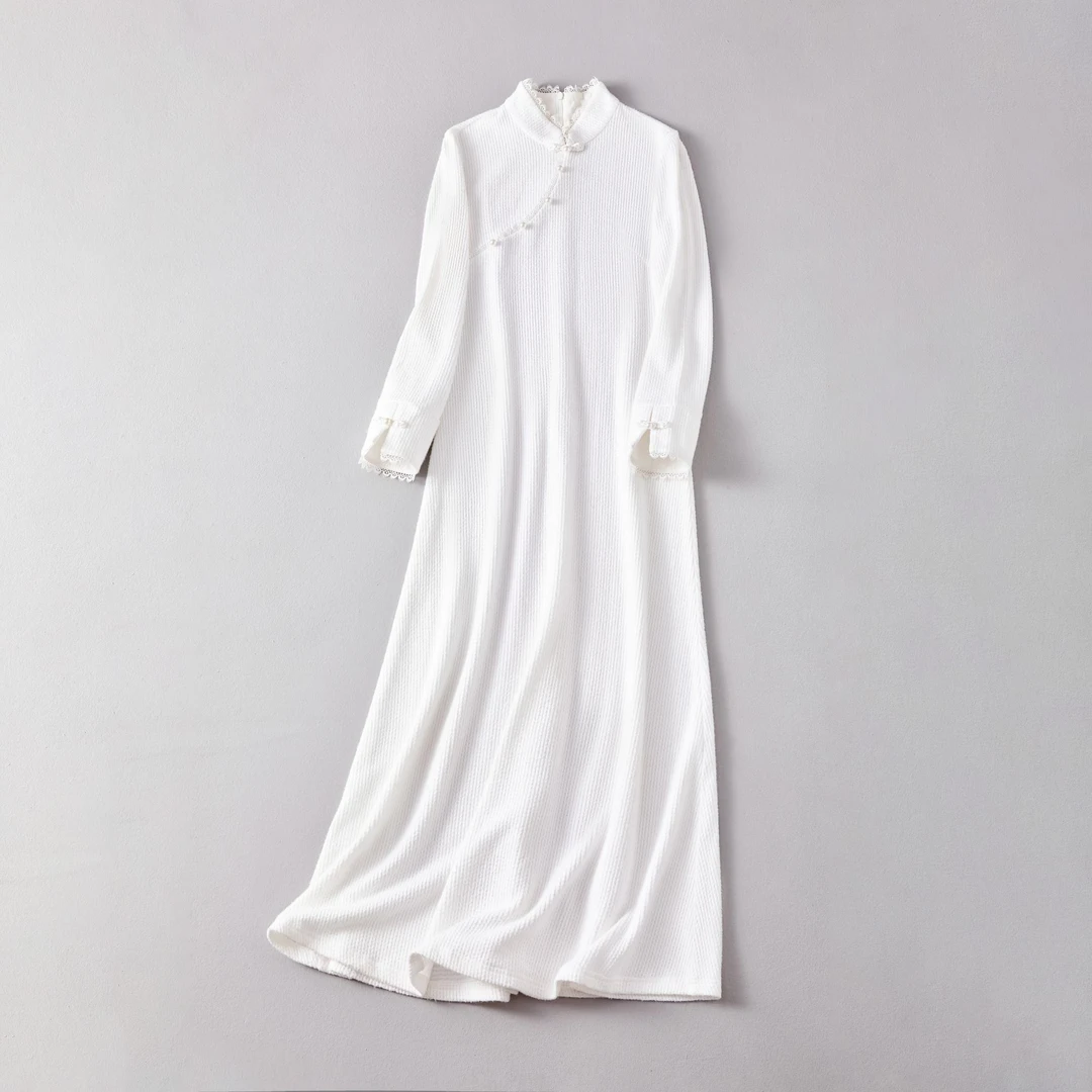 翰墨云汐禅意茶服国风汉服白色超仙长袖斜襟奥黛旗袍裙复古连衣裙