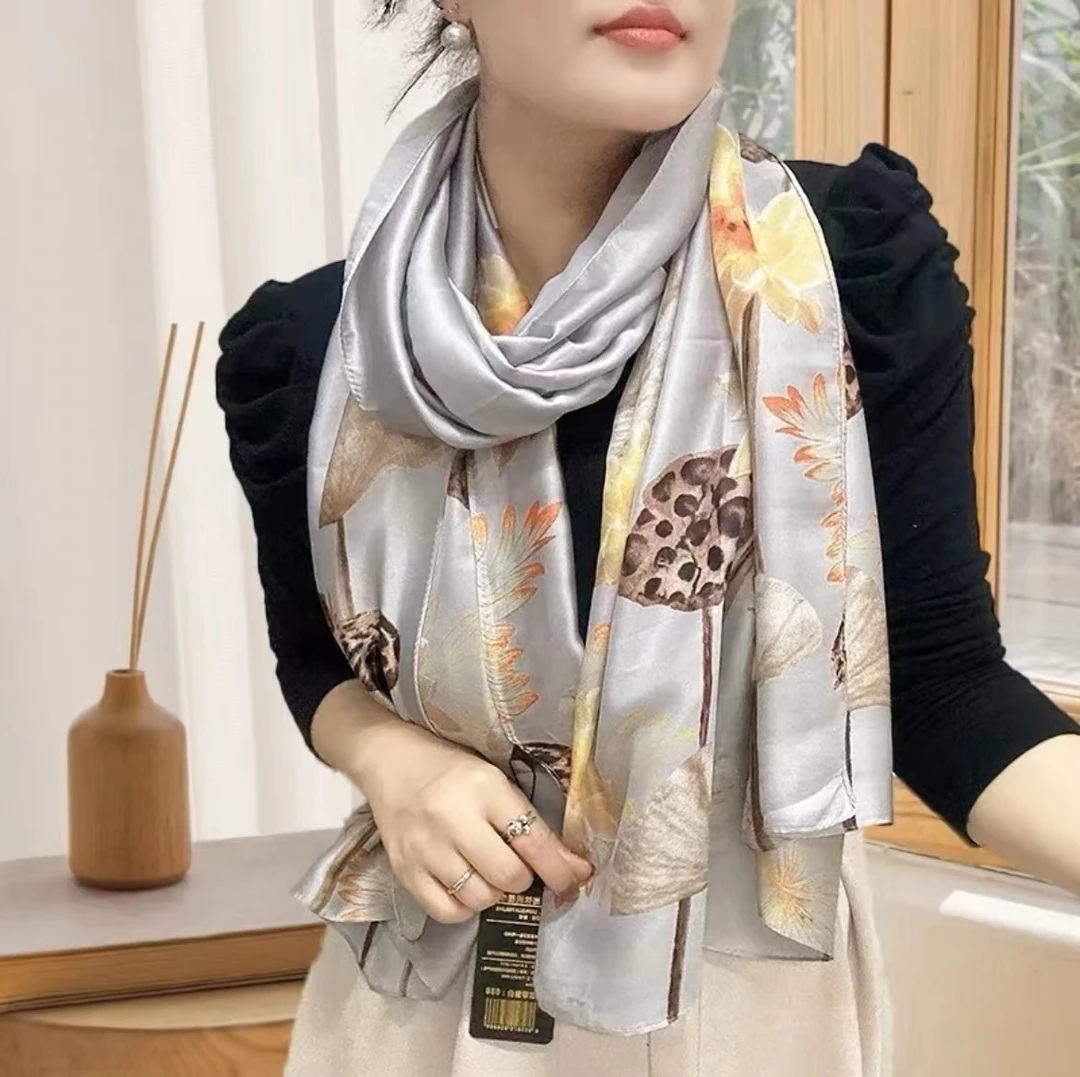 【灰色莲花】丽景缎90*180气质大丝巾百搭时尚高档披肩