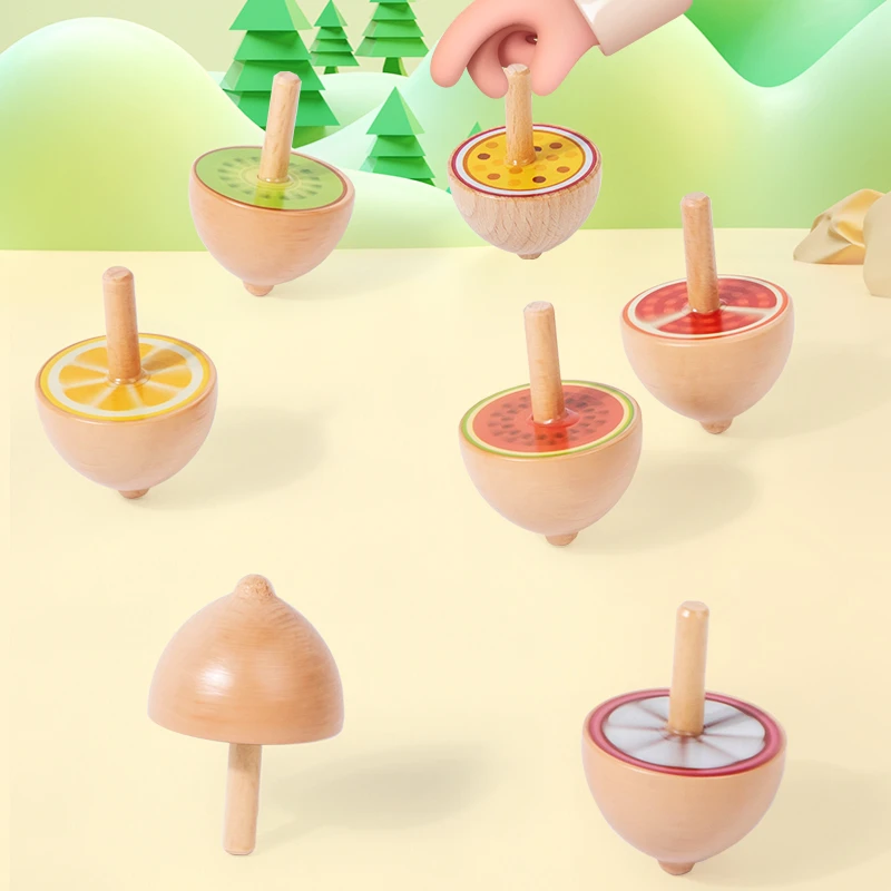 6件套木制陀螺儿童彩色旋转陀螺手动惯性旋转幼儿园木质玩具陀螺