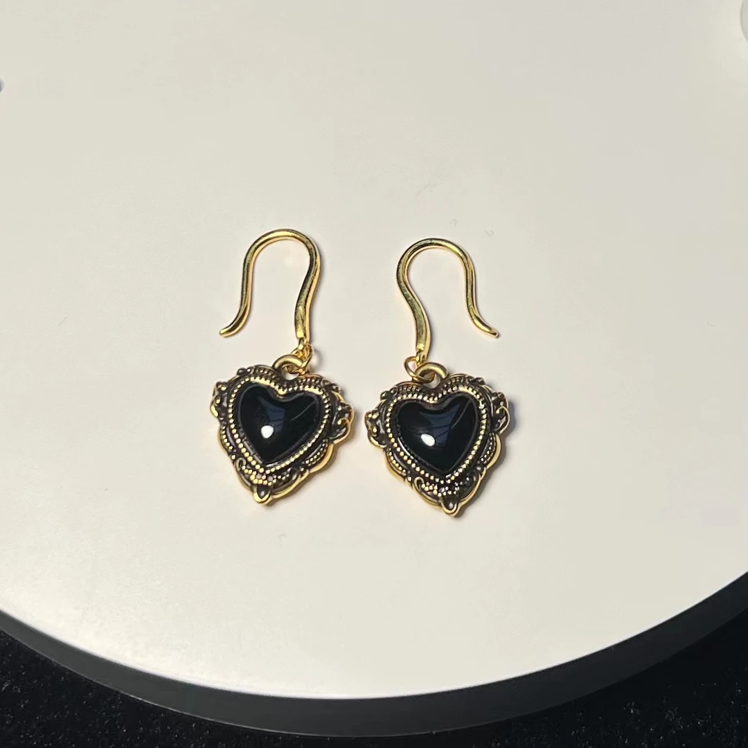 【足金999黑桃心弯钩耳钉】黑金耳饰#精品黑金工艺#气质轻奢时尚