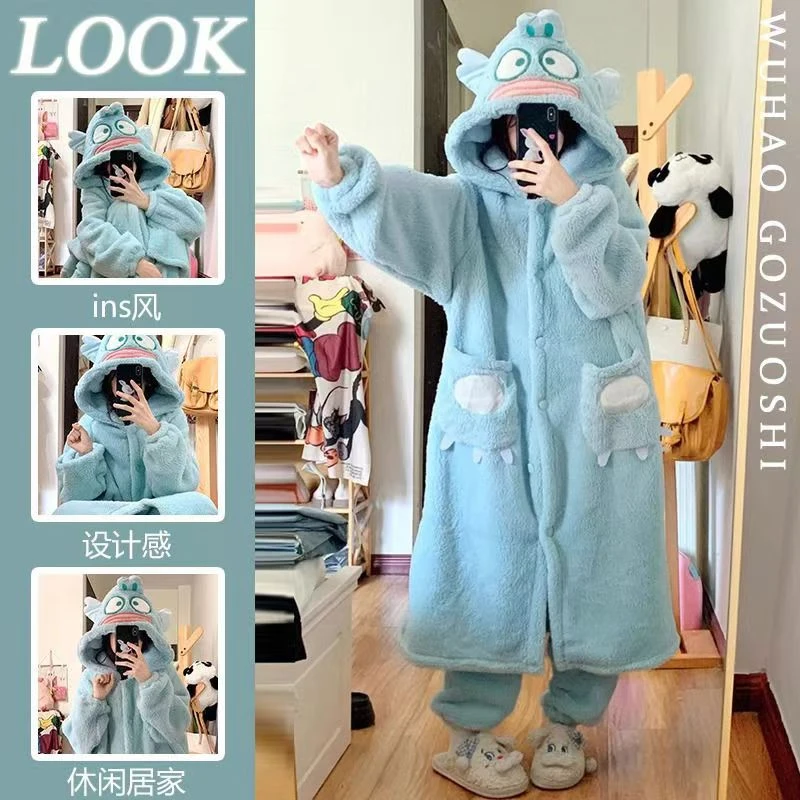 小丑鱼睡衣女秋冬季加厚珊瑚绒睡袍卡通可爱少女法兰绒家居服套装