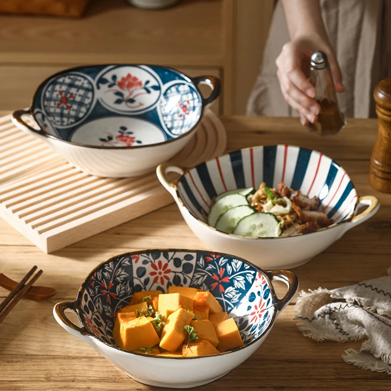 日式不规则双耳家用大号陶瓷碗汤碗网红创意手柄餐具泡面碗沙拉碗
