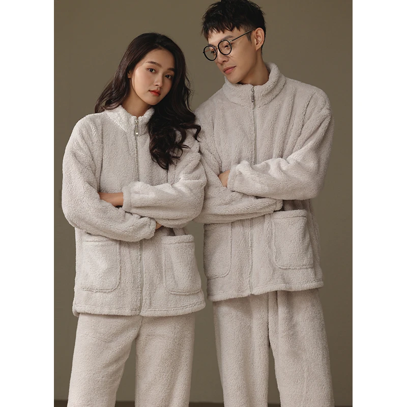 「加厚加绒」保暖睡衣情侣装男女冬季珊瑚绒法兰绒高领拉链家居服