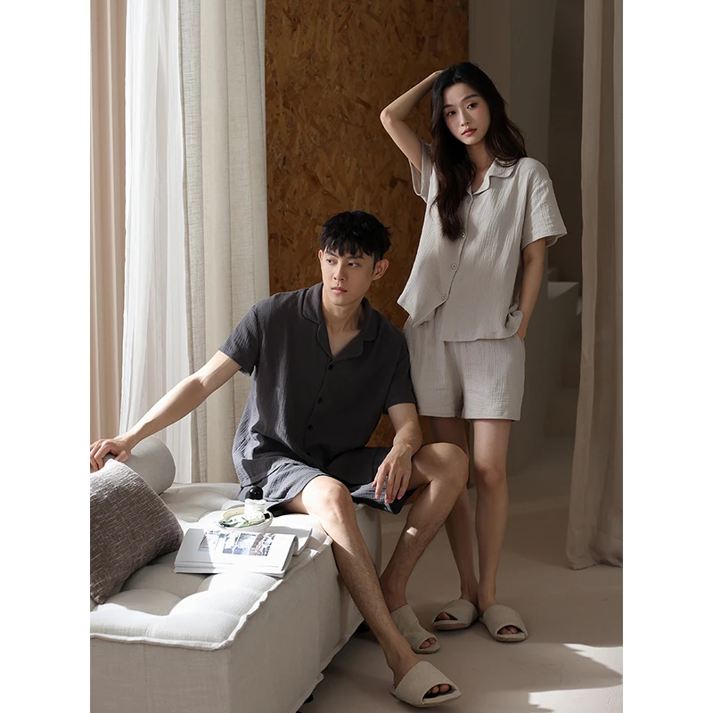 【婴儿棉】双层纱布情侣睡衣男女夏季短袖短裤梭织棉家居服套装