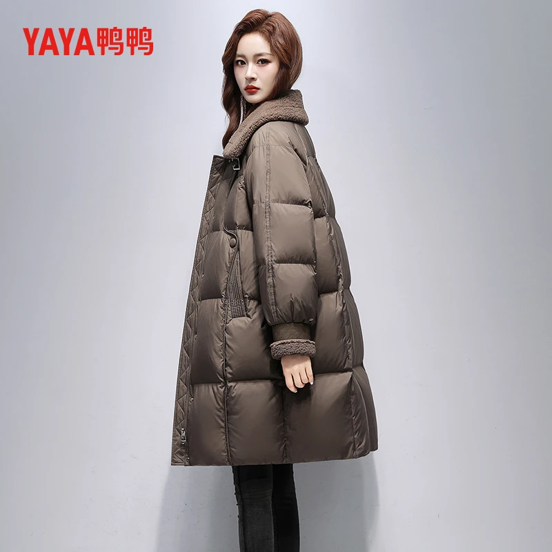 鸭鸭中长款时尚羽绒服女2024冬季新款韩版高级感加厚保暖翻领外套