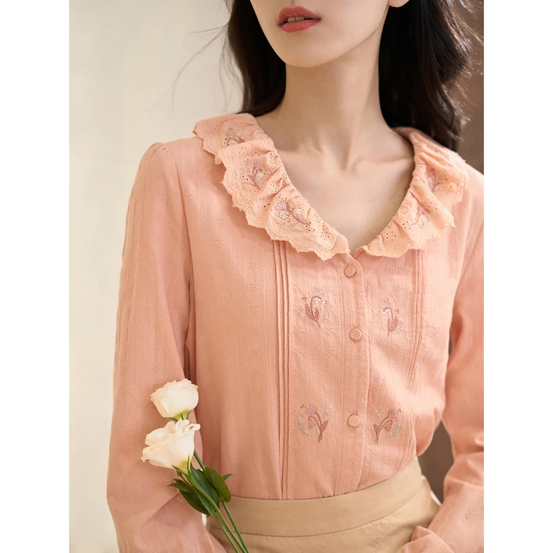 【商场同款】茵曼春秋女衬衫衬衣气质长袖新款纯棉刺绣碎花显瘦休闲