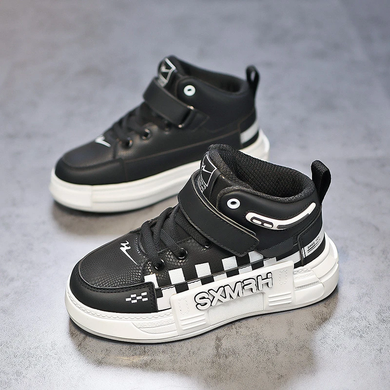 双星童鞋秋季皮面防水软底高帮3-16岁百搭潮流板鞋男女童运动鞋