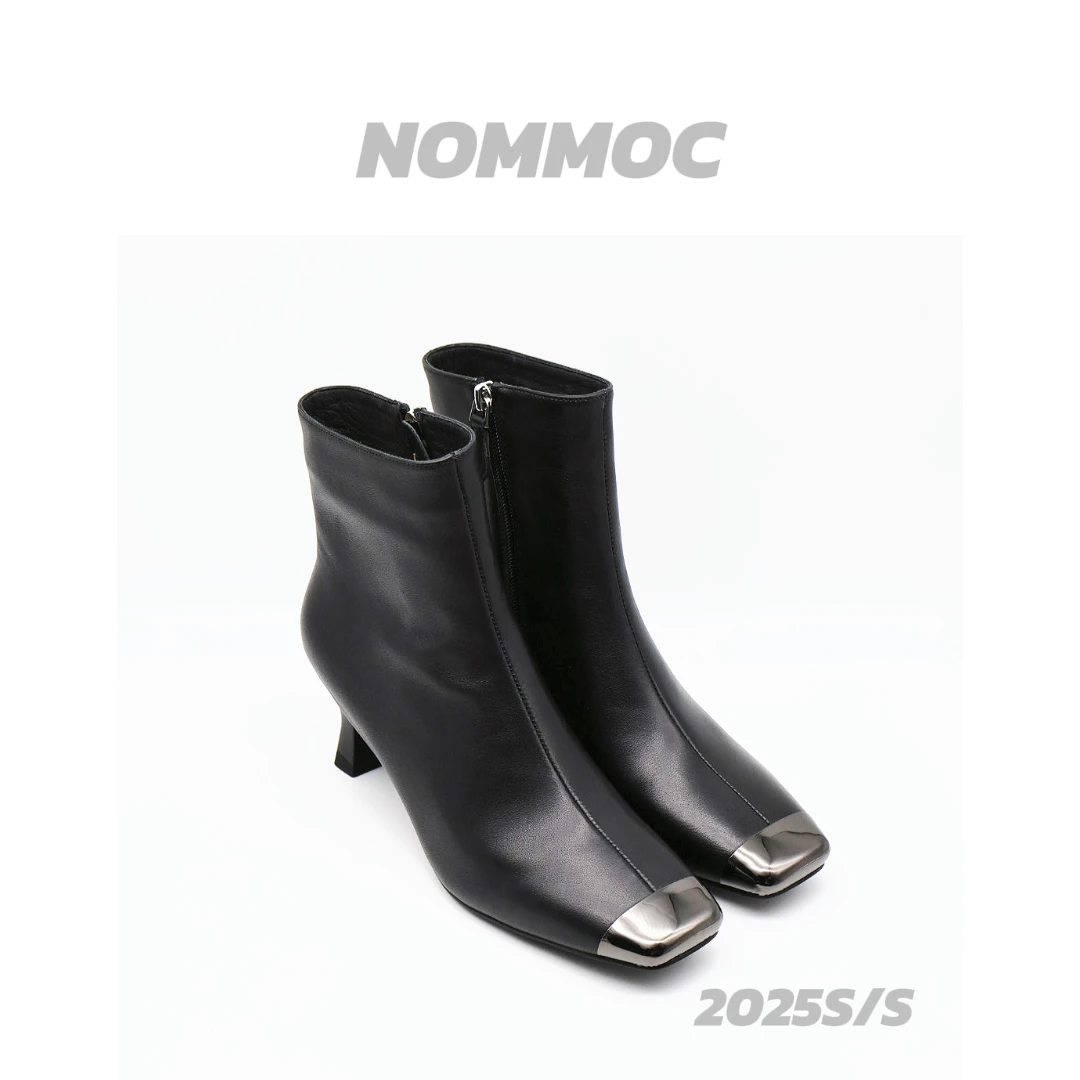 高级感牛皮短靴气质百搭时尚高跟方头女靴