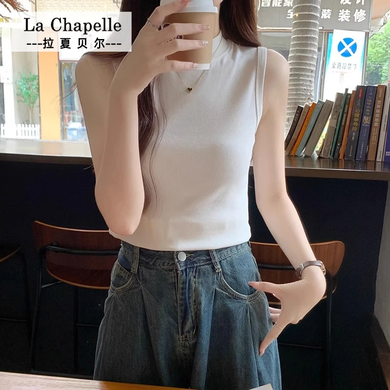 拉夏贝尔JS半高领无袖T恤女夏小个子洋气内搭背心短款打底衫上衣