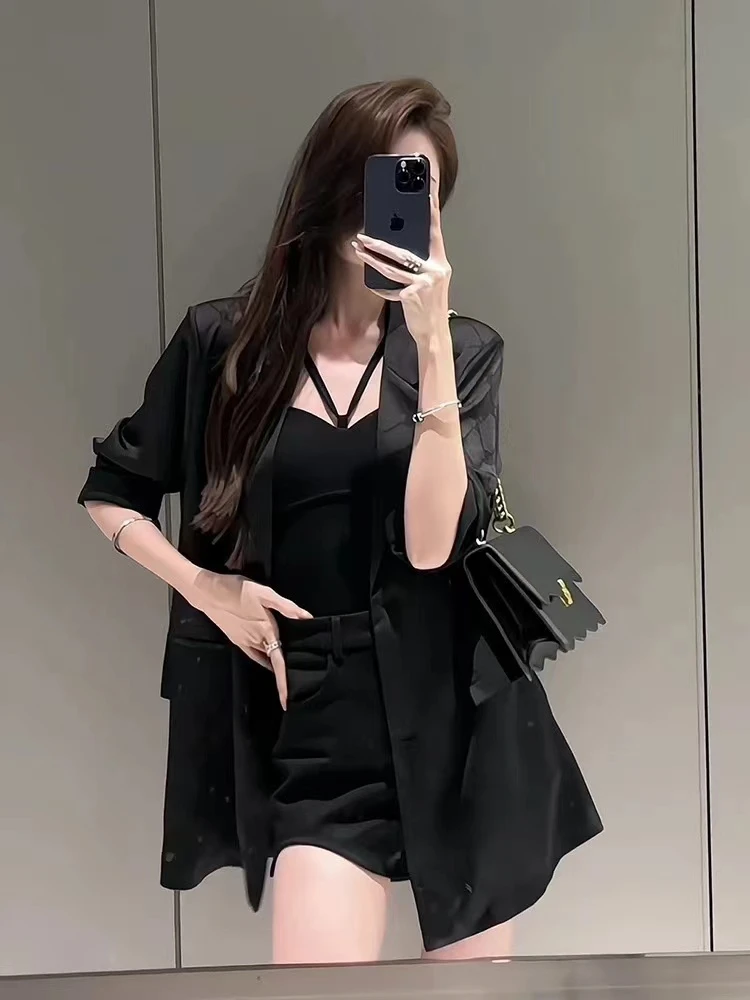 春夏御姐风气质时尚网红印花百搭薄款休闲西装外套+高腰辣妹短裤