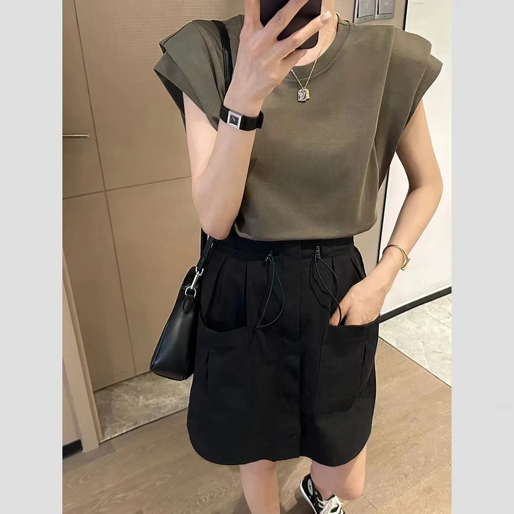 美式复古小飞袖T恤夏季时尚百搭休闲短袖上衣+a字显瘦抽绳工装裙