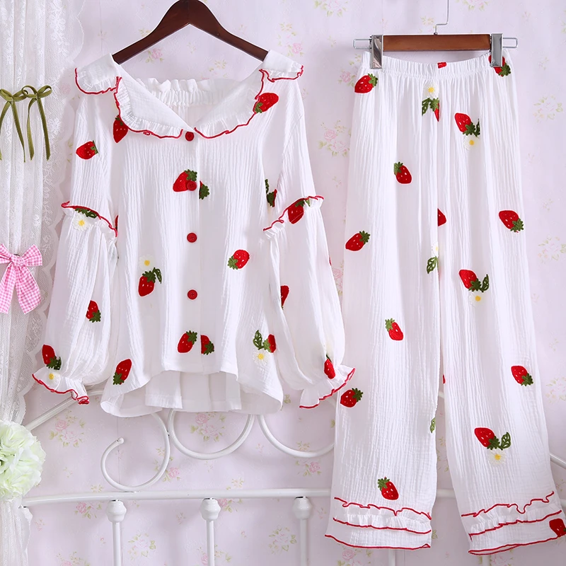 春秋草莓甜美可爱公主宫廷风纯棉性感家居服女式纯棉韩版睡衣套装
