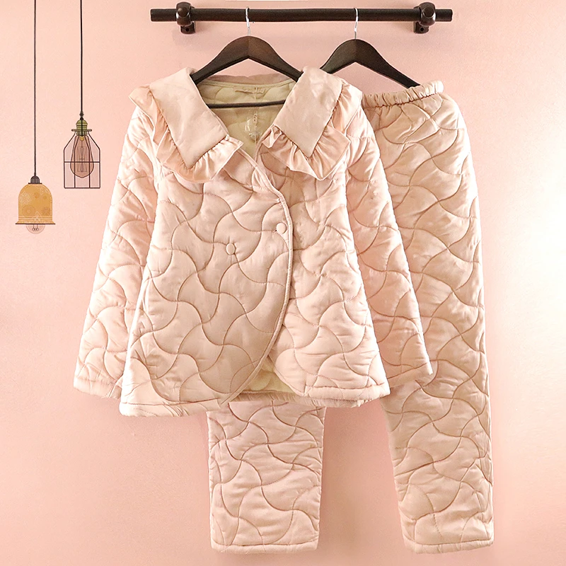 睡衣女士冬季珊瑚绒加厚加绒色丁夹棉保暖纯色高档国风中式可外穿