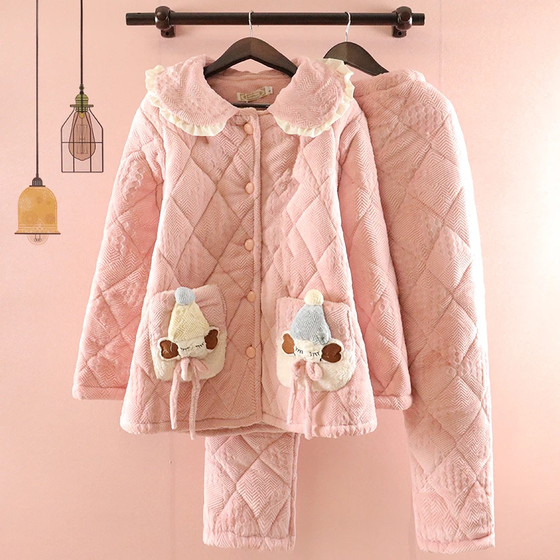 卡通可爱翻领三层加厚夹棉睡衣女冬季珊瑚绒可外穿休闲家居服套装