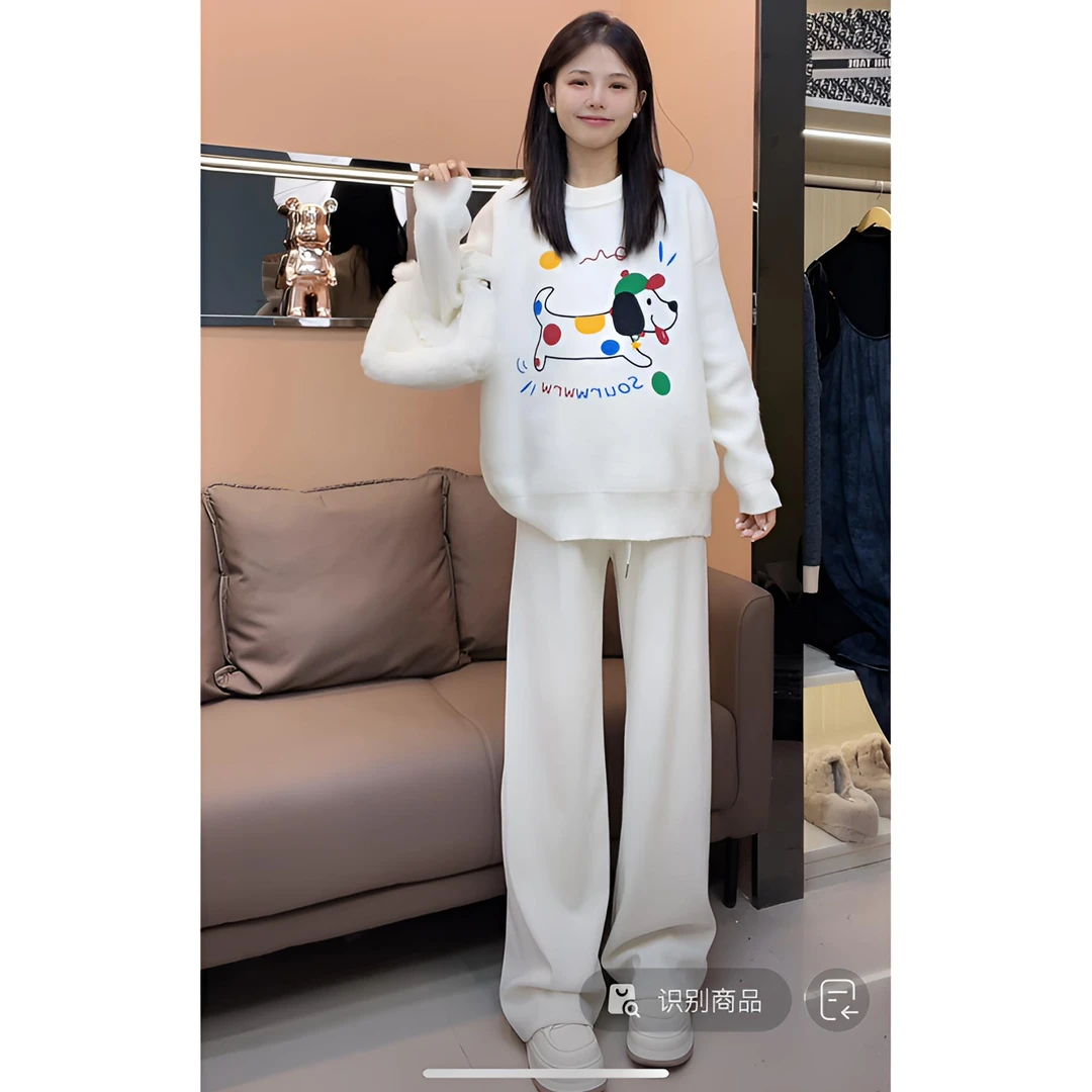 【糯糯】孕妇装秋冬季白色软糯奶fufu毛衣阔腿裤慵懒风两件套装女