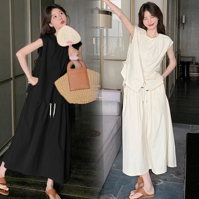 【糯糯家】孕妇夏季装浅黄色背心+宽松遮肉显瘦半身裙两件套