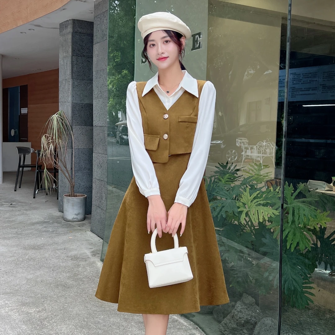 【204-237清仓福利】法式时尚拼接假两件收腰显瘦长袖连衣裙