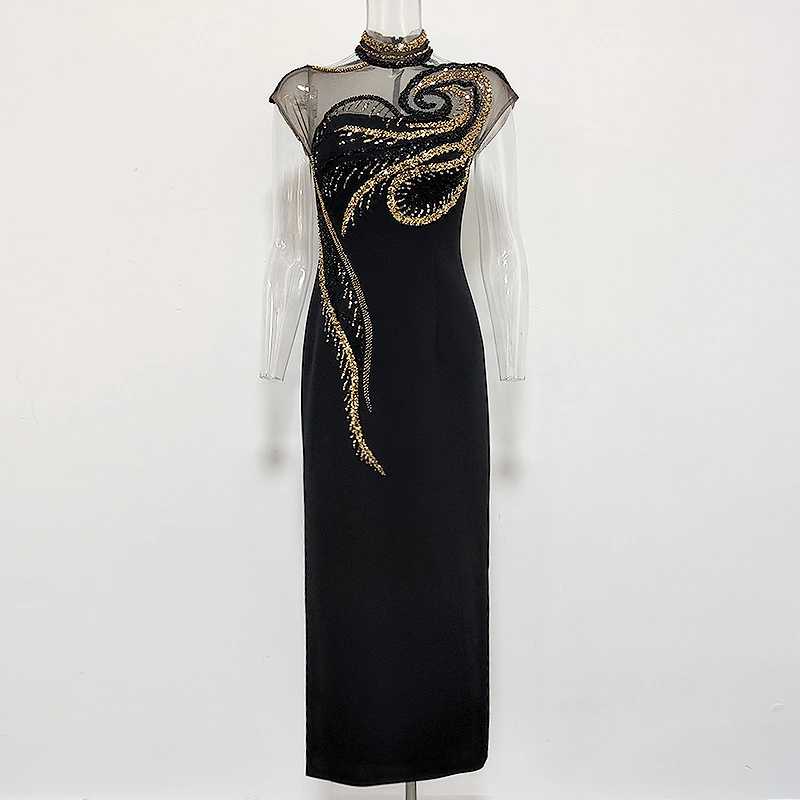 【英媛定制】S24016气质时尚复古长款中国风走秀显瘦金丝优雅礼服