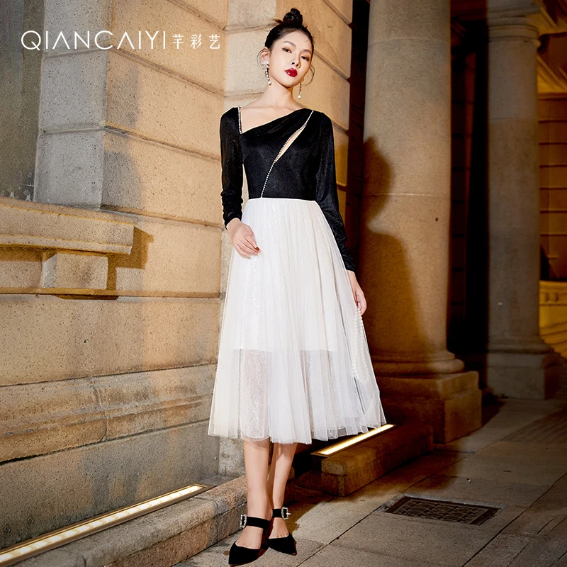 【芊彩艺】Y23235秋冬秋季蕾丝黑色时尚长袖春季长款气质洋气礼服裙