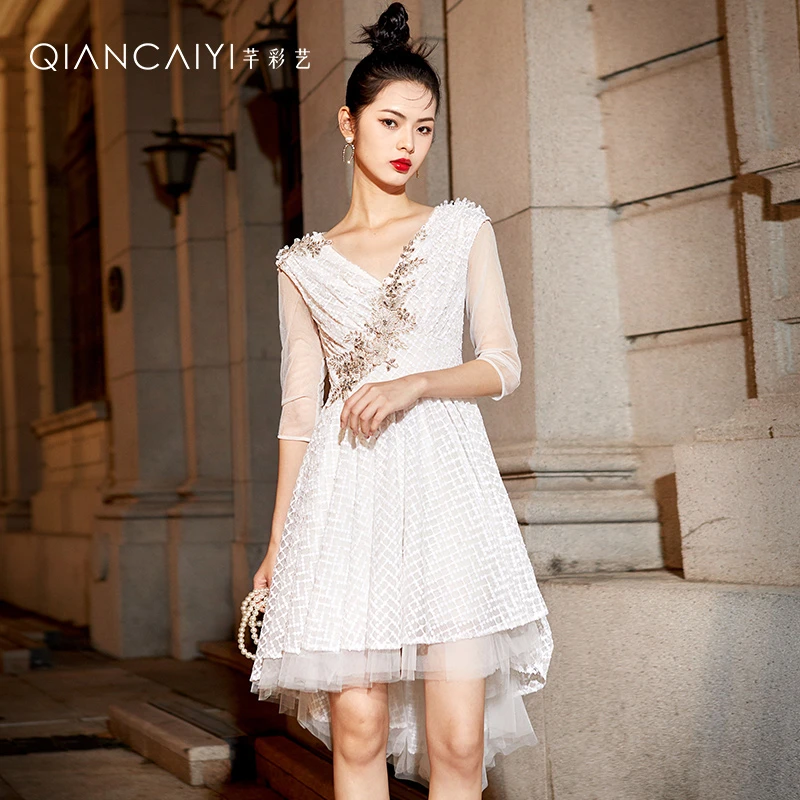 【芊彩艺】深v领生日礼服裙小众高端宴会气质不规则连衣裙女Y21377