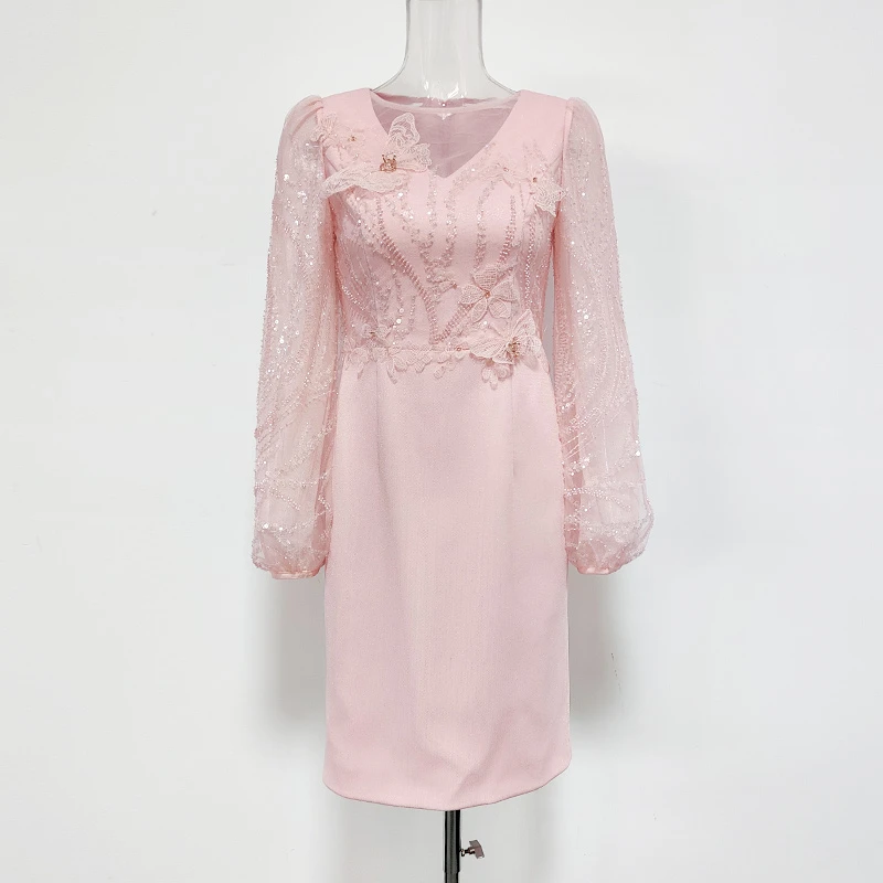 【芊彩艺】S23427蕾丝气质长袖时尚春季粉色设计师绣花显瘦复古国风