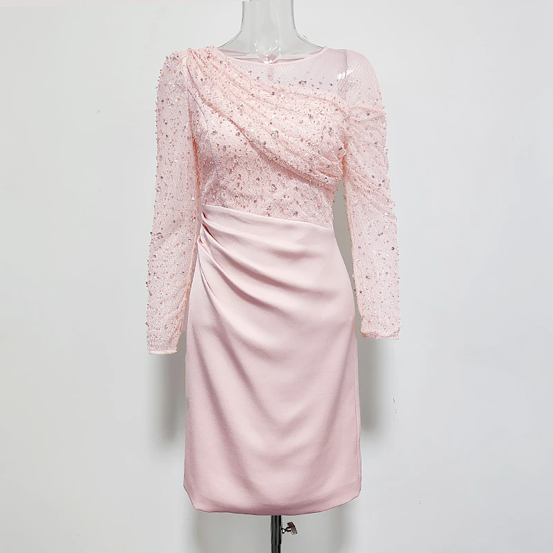 【海燕专享】Y23426春季粉色收腰修身设计师优雅蕾丝显瘦气质礼服