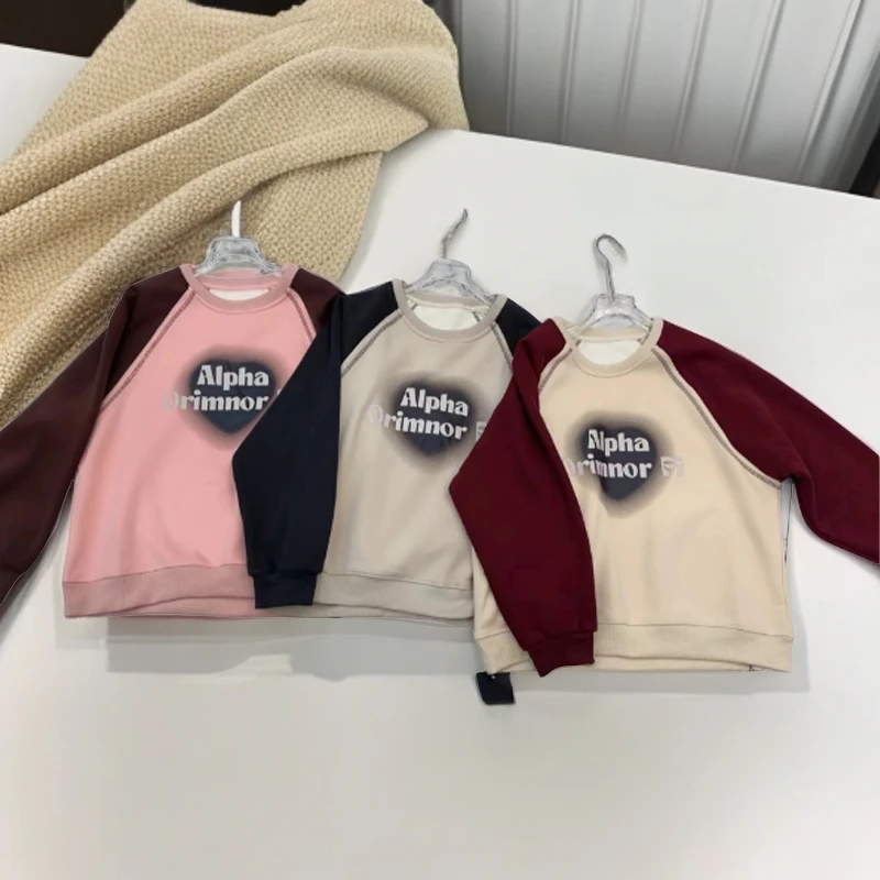 鑫（女装）23916 时尚百搭撞色拼接印花字母圆领加绒卫衣