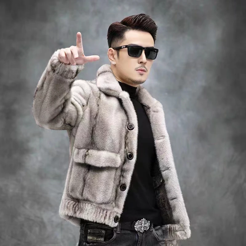 优选高端品质貂绒男士冬季翻领外套双面穿时尚商务休闲夹克外套
