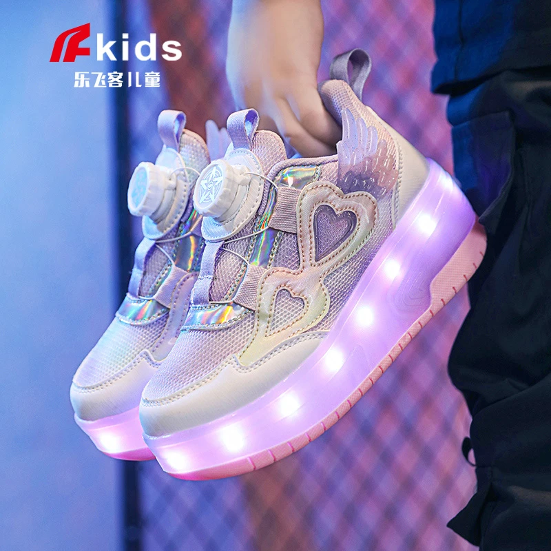 乐飞客女童暴走鞋双轮闪灯旋钮扣儿童轮滑鞋中大童小女孩带轮子鞋