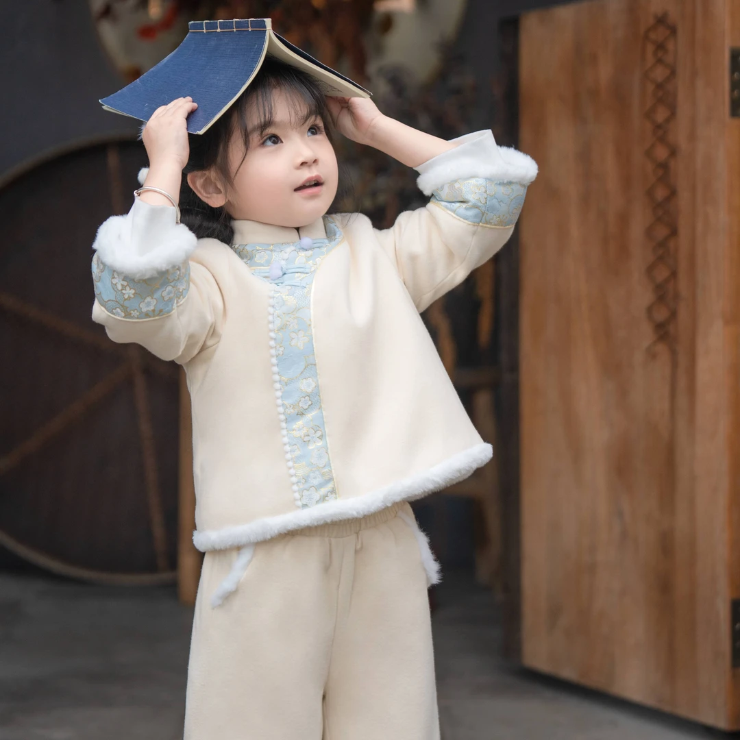 西子问女童汉服【小福娃套装-杏】冬款加厚童装古风汉元素套装