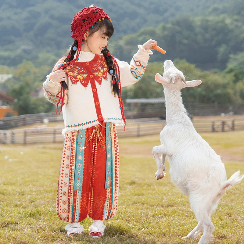 西子问女童汉服【苧萝】原创藏风民族风中国风冬季保暖毛衣裤装套装