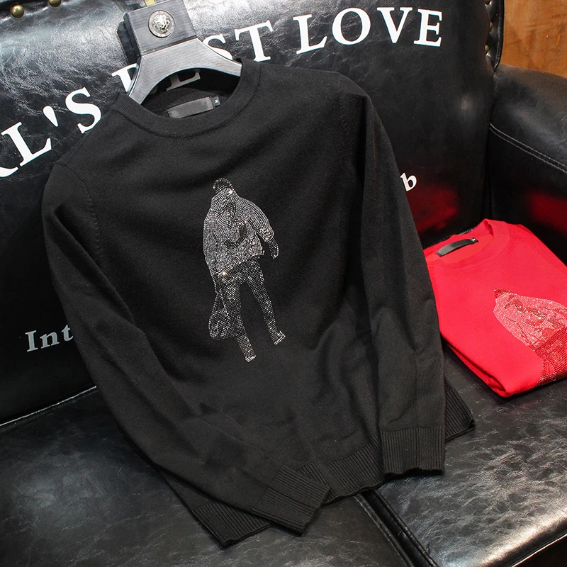 秋冬毛衣男韩版潮流个性羊毛衫大码潮牌圆领烫钻胖子时尚针织衫男