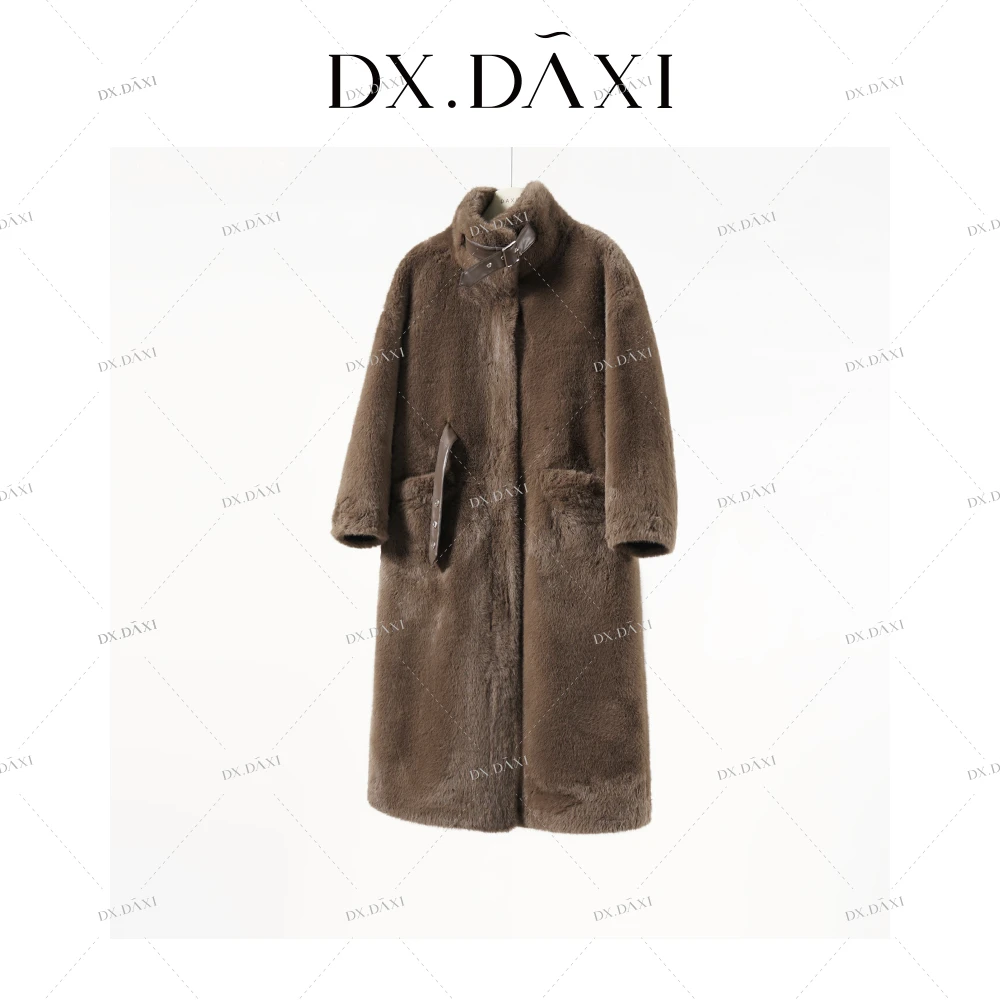 代大喜【霍尔顿庄园】复古棕中长款绒皮大衣24冬高级感立领毛毛外套