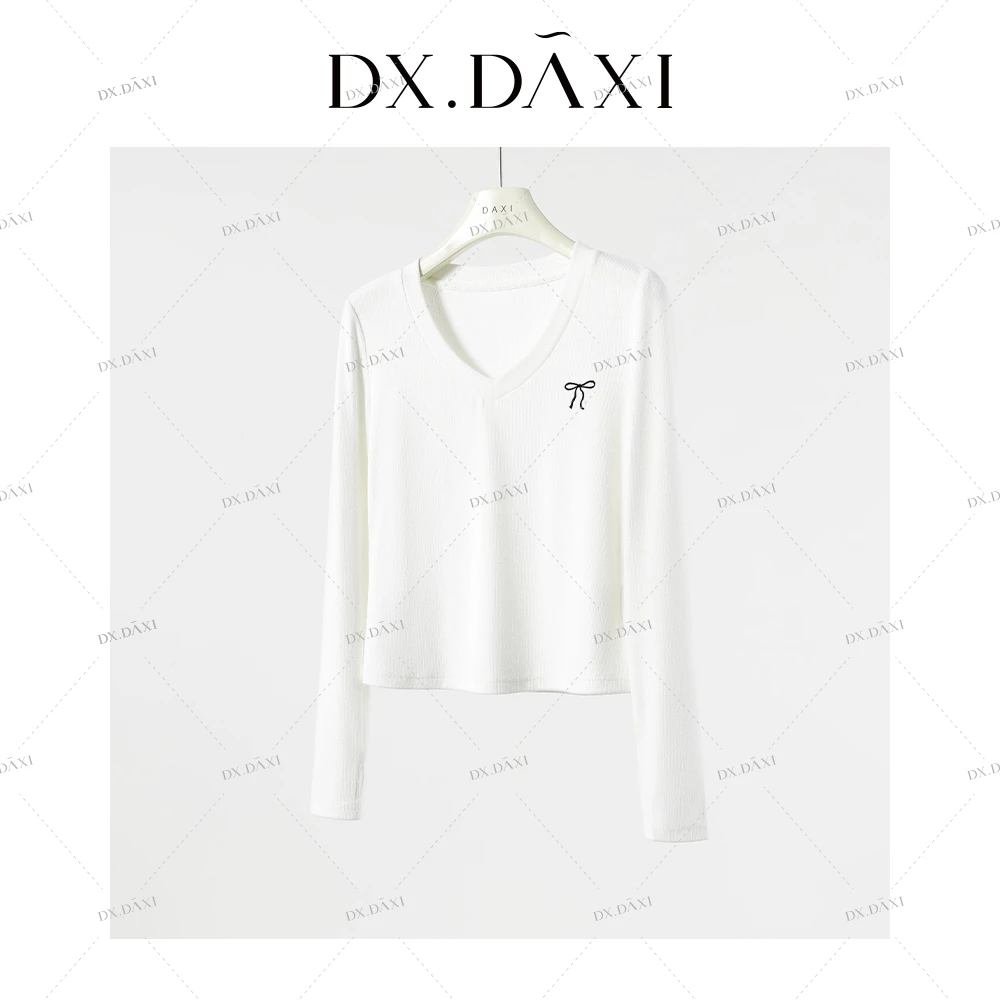 DX.DAXI【小V领】休闲纯色简约长袖修身上衣秋新款百搭显瘦打底T恤