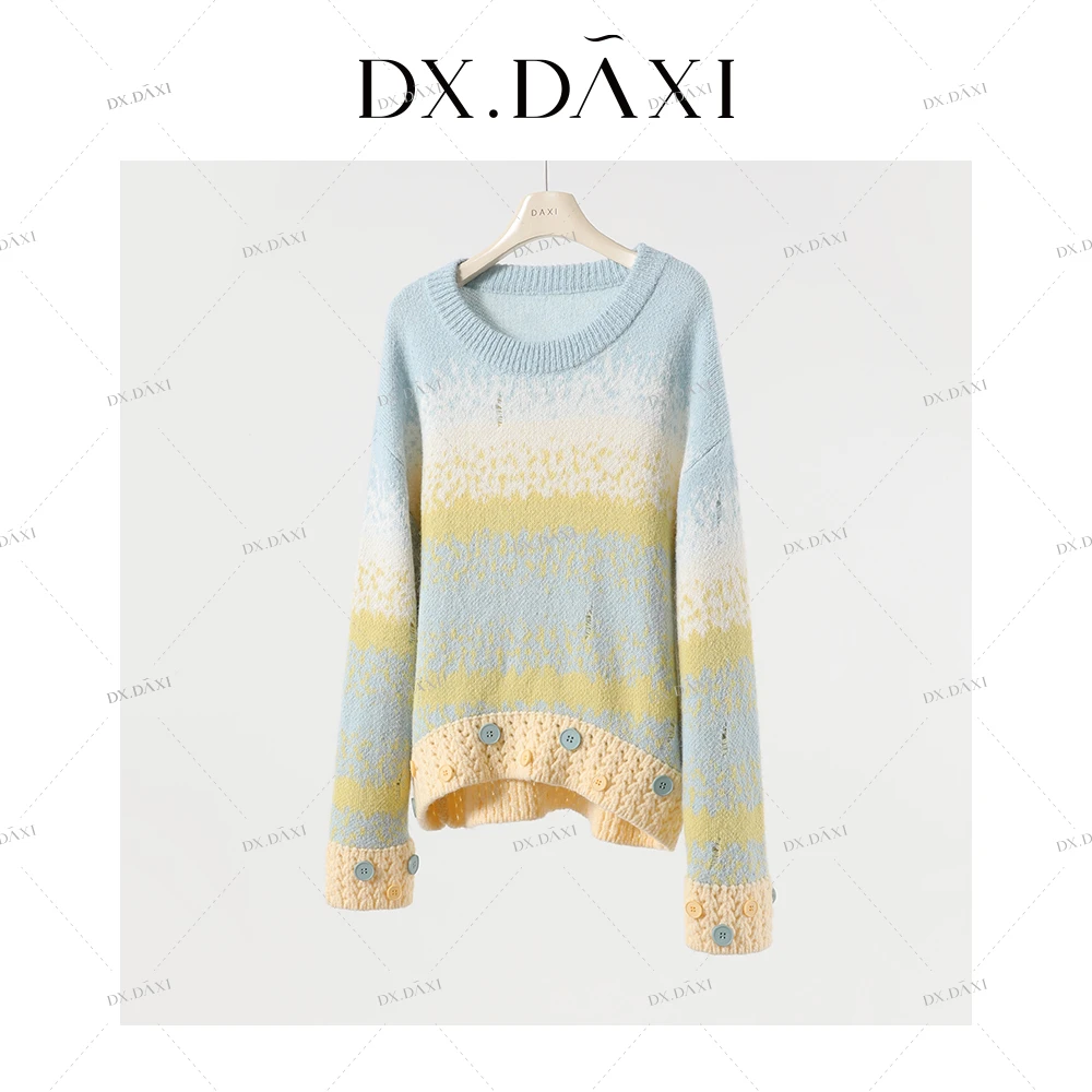 DX.DAXI【惬意时光】蓝黄色渐变条纹慵懒针织上衣秋季新款休闲毛衣
