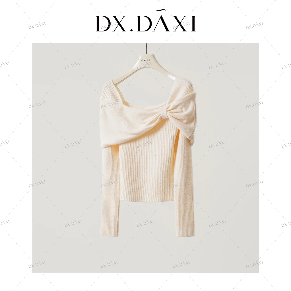 DX.DAXI【浪漫情结】温柔气质蝴蝶结长袖修身毛衣秋新款白色针织衫