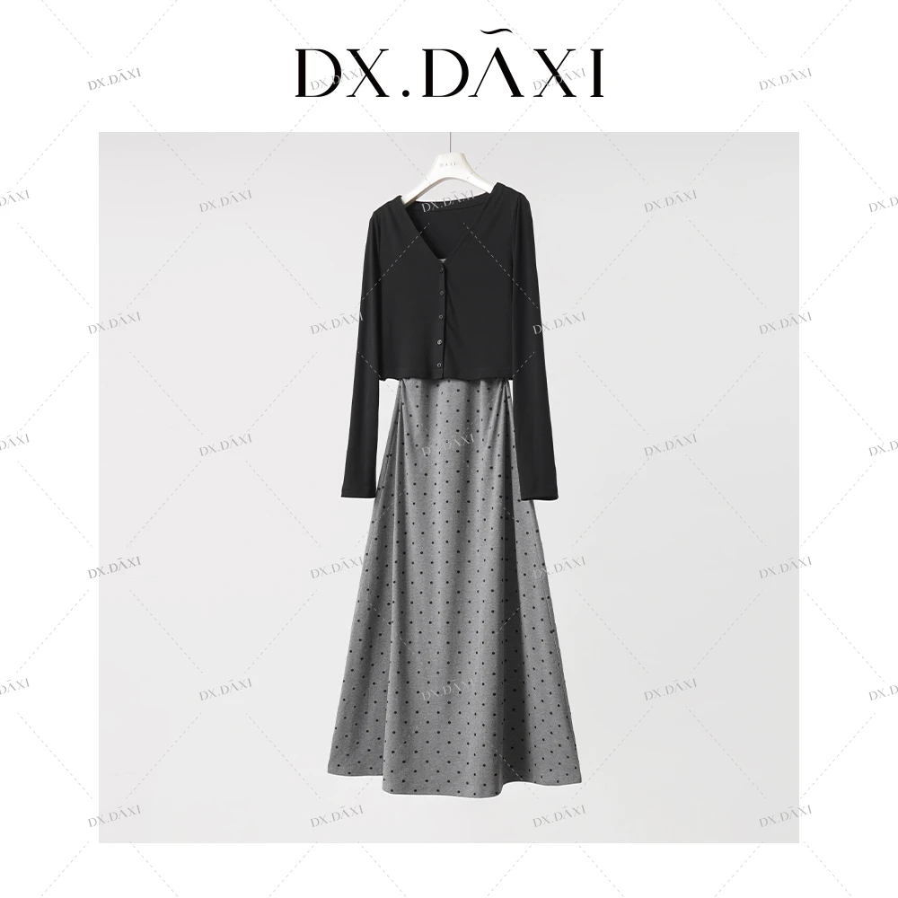 DX.DAXI【波点交响乐】灰色波点吊带连衣裙黑色小开衫秋季新款套装