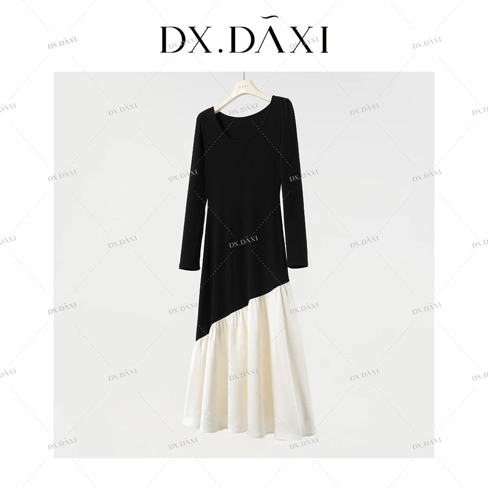 DX.DAXI【月光魅影】法式赫本风连衣裙女2024秋新款拼色圆领中长裙