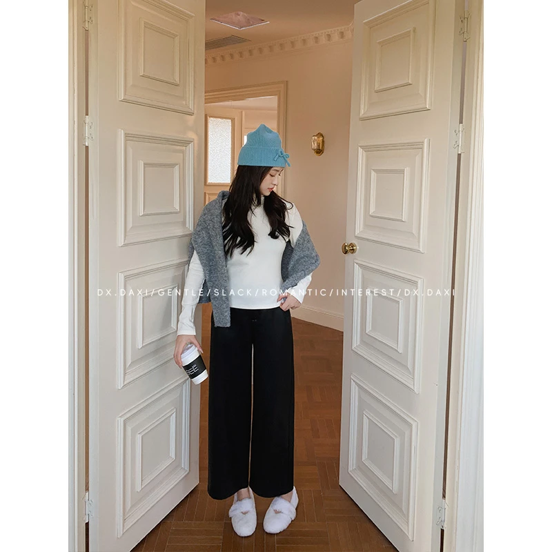 代大喜【简约女主】高腰阔腿直筒休闲宽松百搭垂感皮裤冬季新款长裤