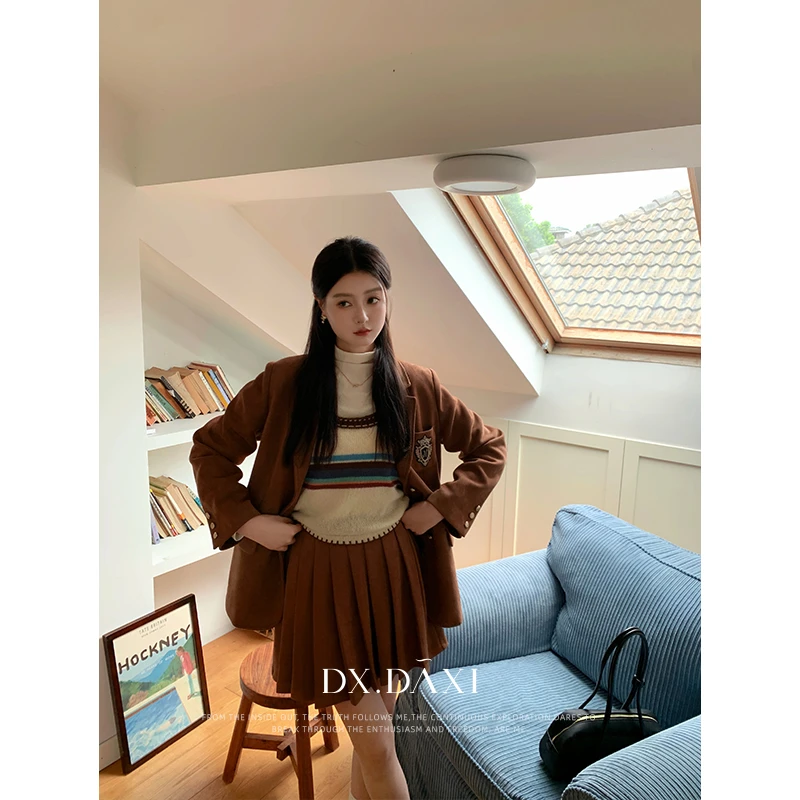 DX.DAXI【玛奇朵】设计感复古咖色学院风半身裙秋季新款美拉德短裙