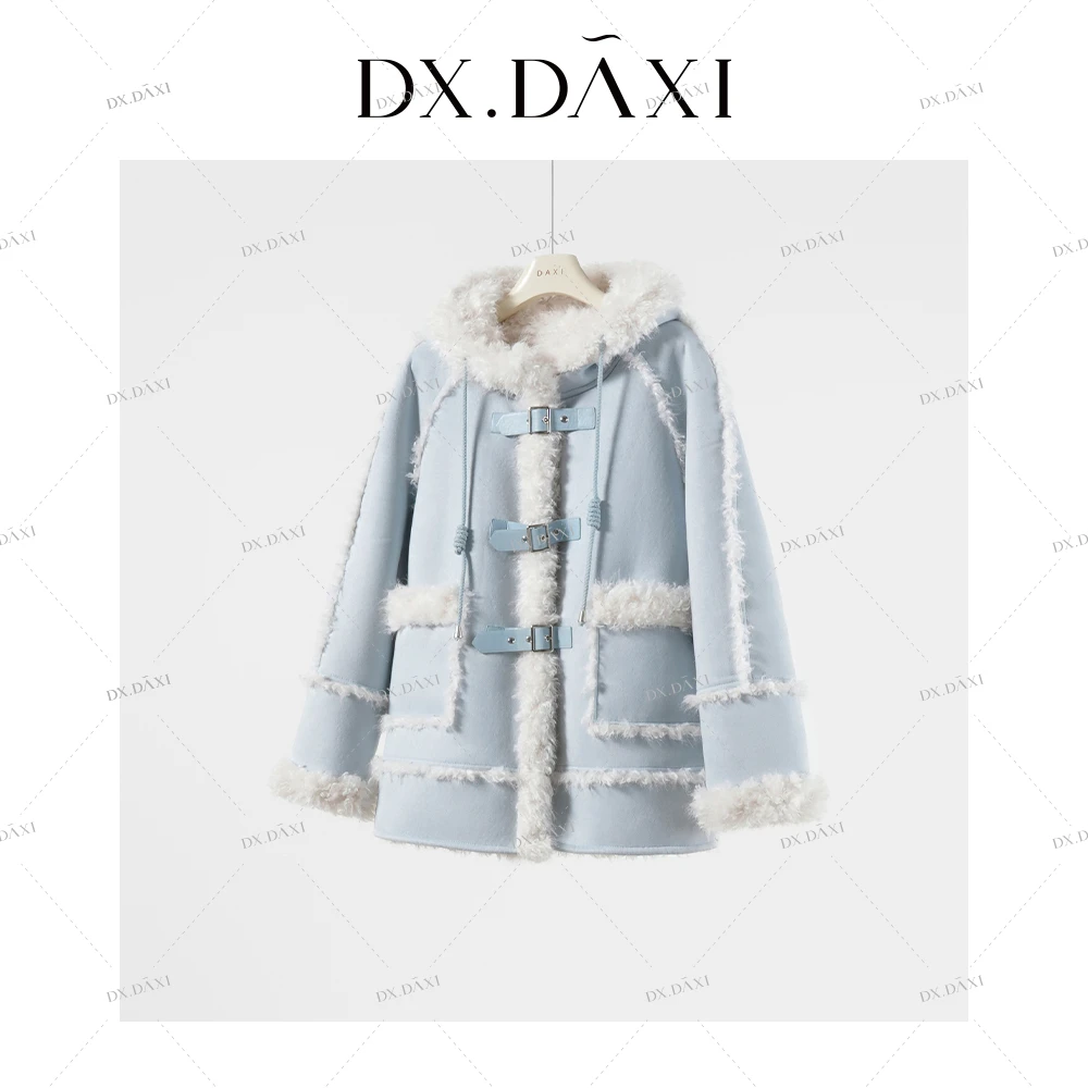 代大喜【花园漫雾】蓝色毛毛加绒加厚氛围感连帽外套24冬季新款上衣