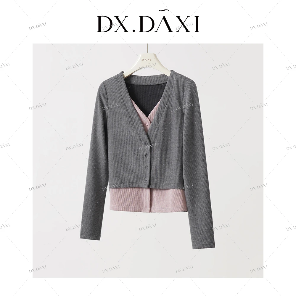 DX.DAXI【浪漫续写】灰粉撞色假两件上衣秋季新款修身时尚百搭长袖
