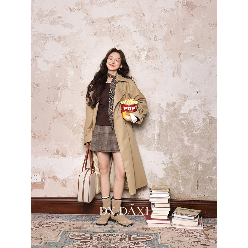 DX.DAXI【氧气茶茶】卡其色中长风衣秋季新款韩版气质休闲宽松外套