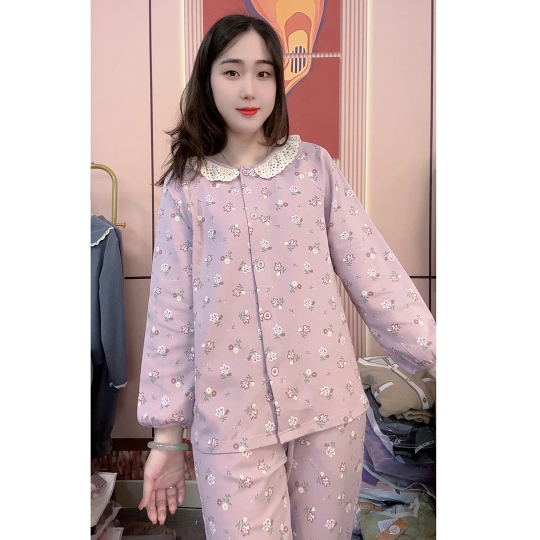 睡衣女冬季新款长袖纯棉韩版甜美休闲宽松家居服套装（紫色花朵）