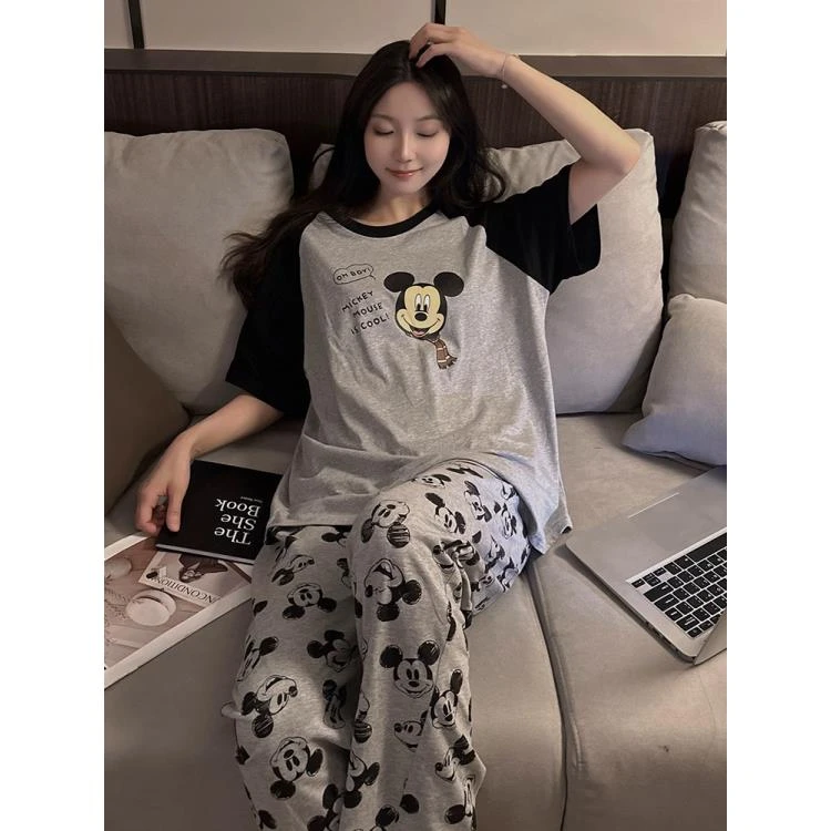 睡衣女夏季新款纯棉网红风日系卡通韩版短袖长裤套装（围巾米奇）