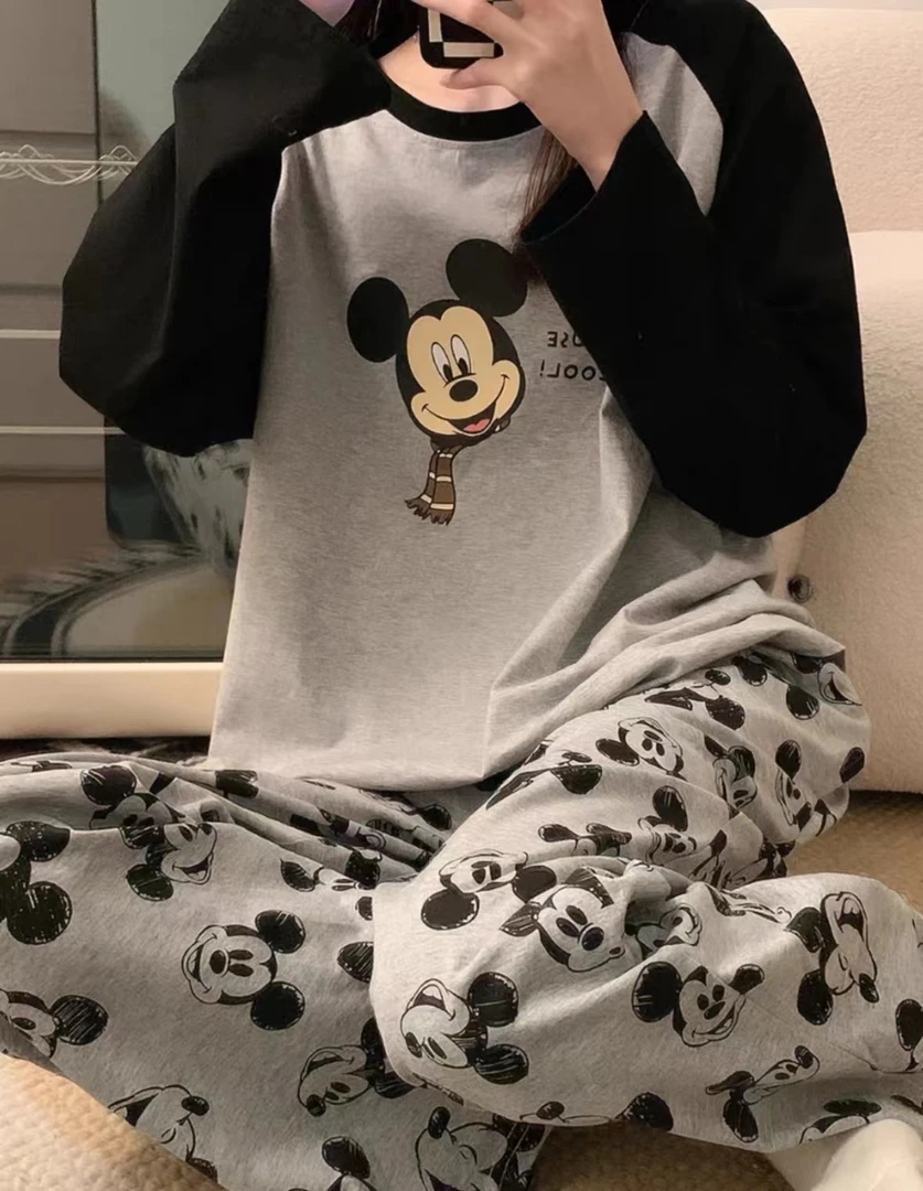 纯棉长袖长裤秋冬季休闲睡衣女韩版百搭可外穿家居服（围巾米奇）