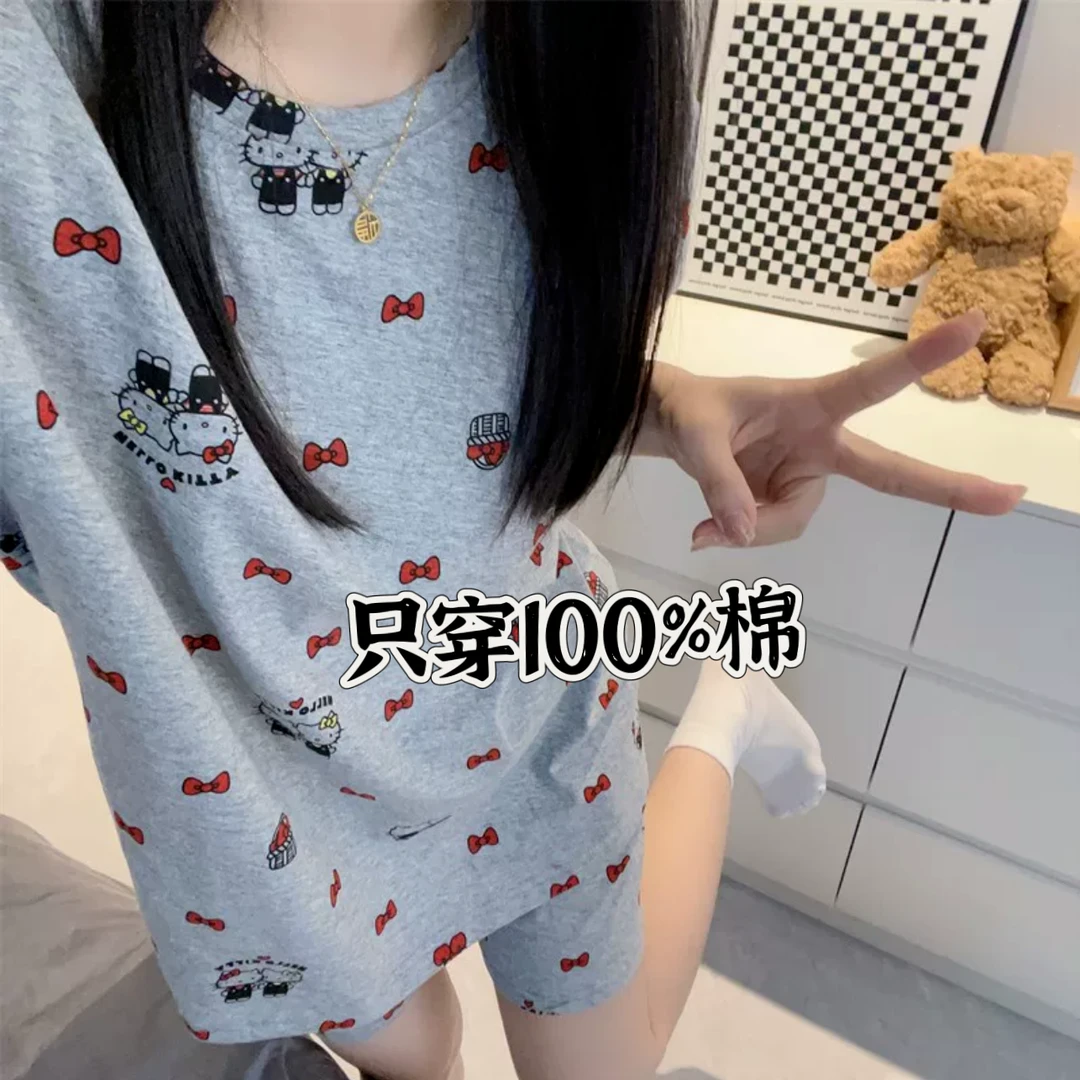 夏季纯棉休闲简约睡衣女短袖短裤家居服（ KT猫咪两件套MJ）