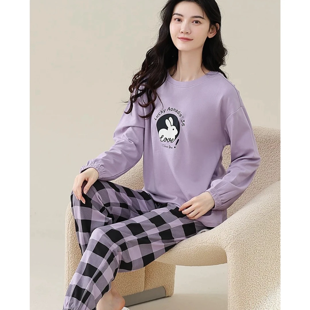 睡衣女冬季新款纯棉长袖长裤韩版时尚简约休闲家居服套装（格子兔）