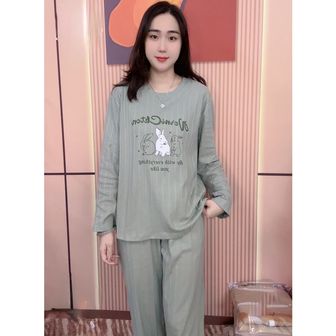 睡衣女冬季新款纯棉长袖长裤韩版甜美可外穿家居服套装（三只兔子）