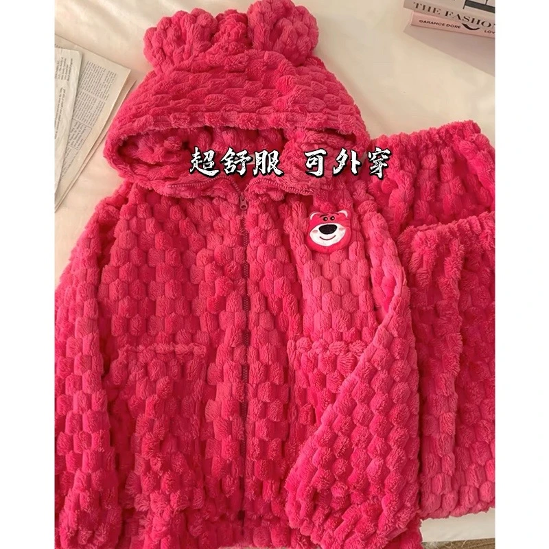 睡衣女冬季法兰绒套装休闲可外穿家居服（草莓熊）以实际颜色为准